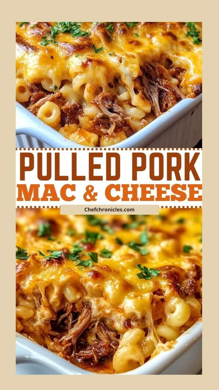Pulled pork mac and cheese in a creamy dish topped with breadcrumbs