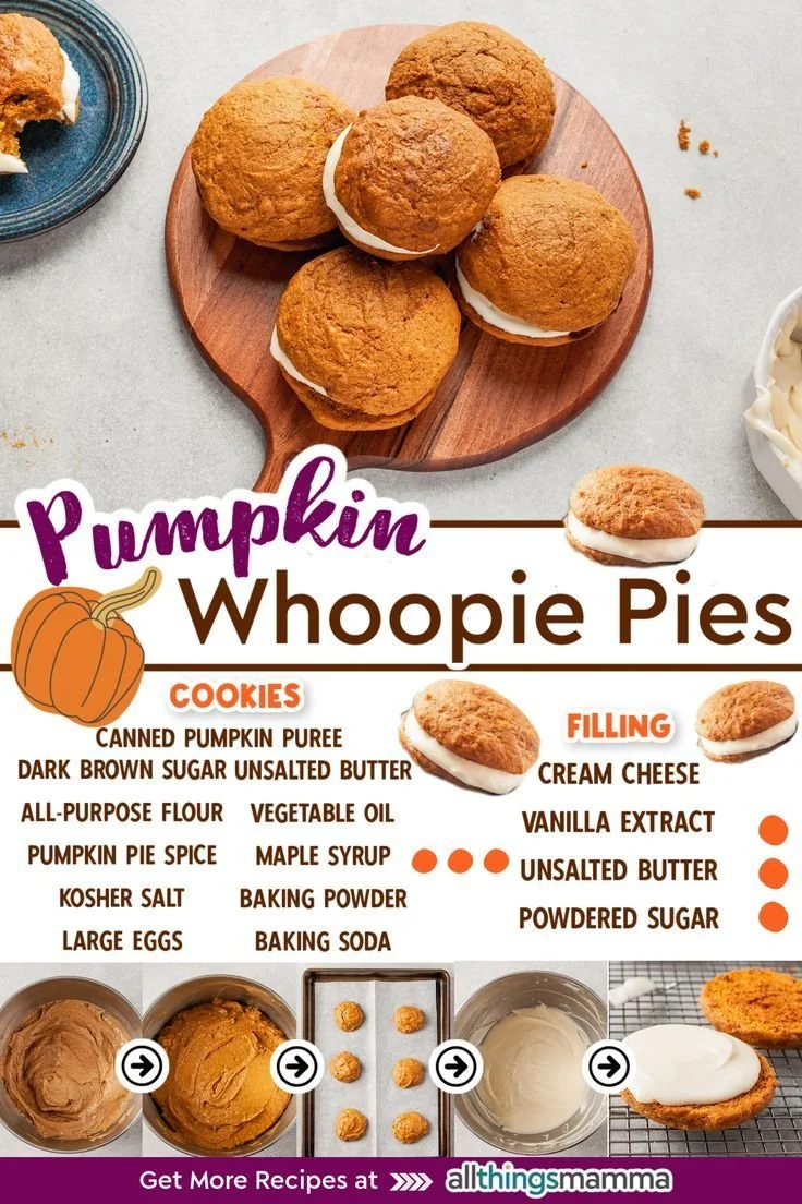 Delicious pumpkin whoopie pies with cream cheese frosting on a plate