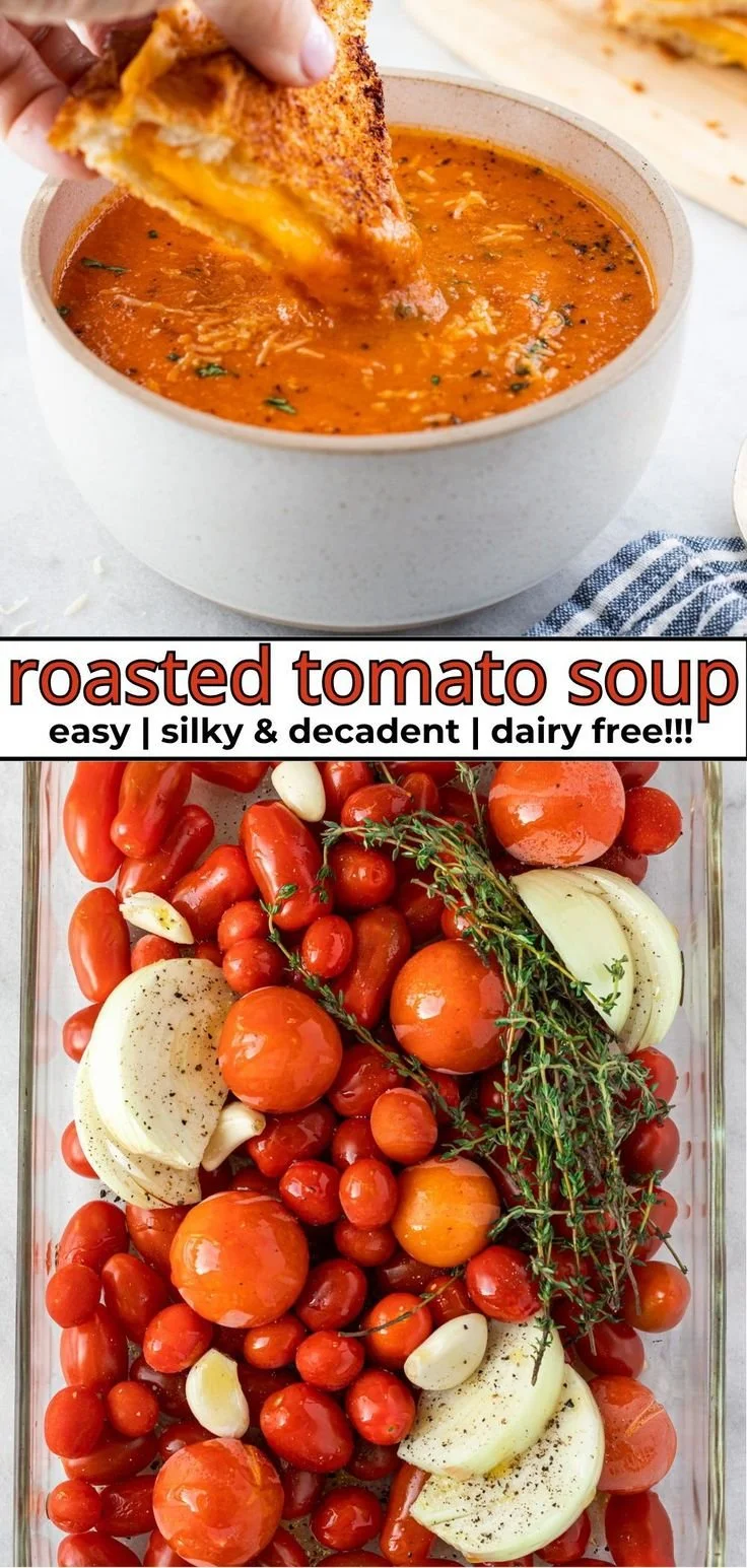 Bowl of rustic vegan tomato bisque topped with fresh herbs and served with bread.