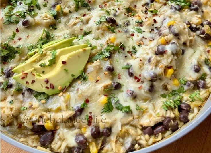 Salsa Verde Chicken & Rice Skillet served in a colorful dish