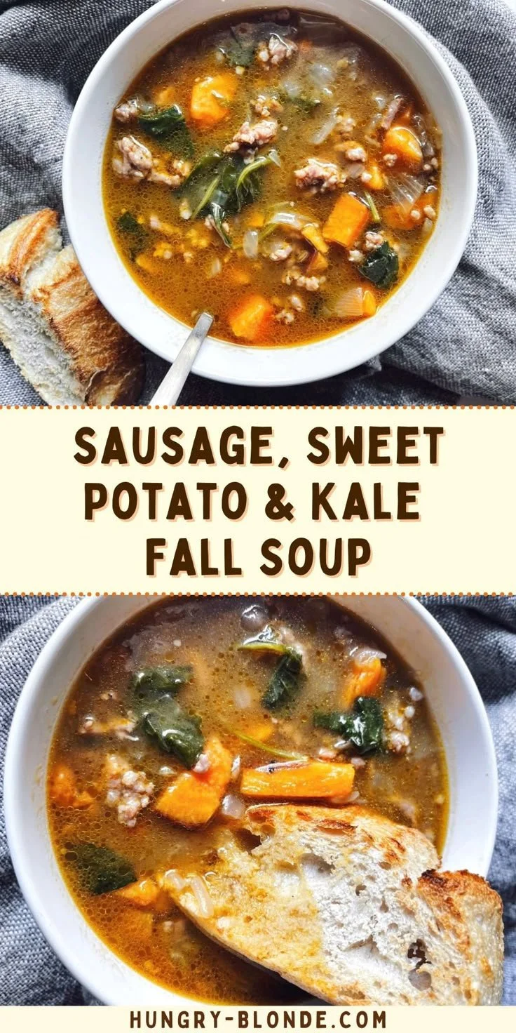 Bowl of Sausage Sweet Potato Kale Soup, a warm fall recipe