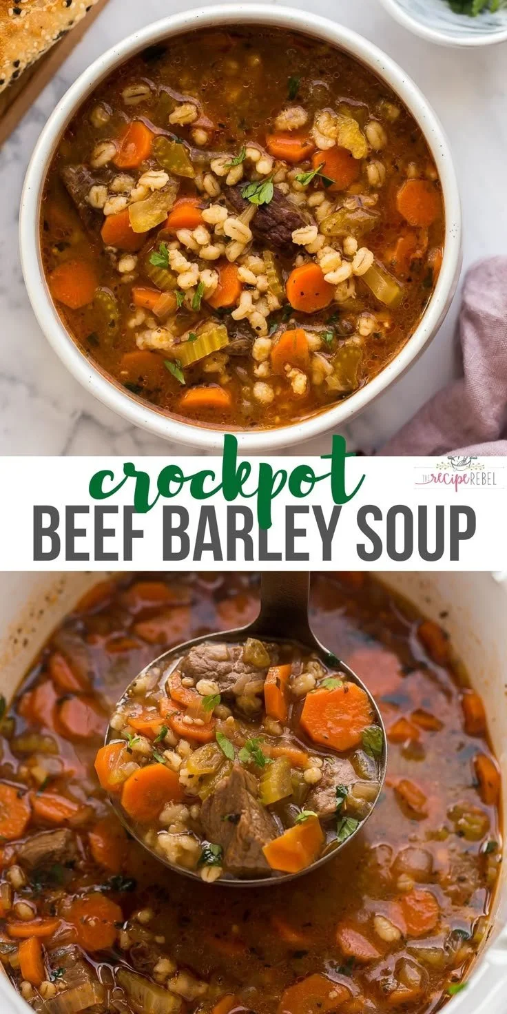 Delicious slow cooker beef barley soup served in a bowl with fresh herbs.