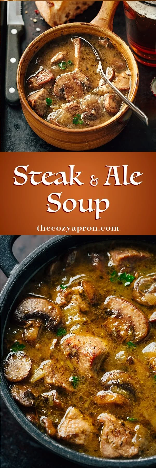 Delicious Steak and Ale Soup with Mushrooms served in a bowl