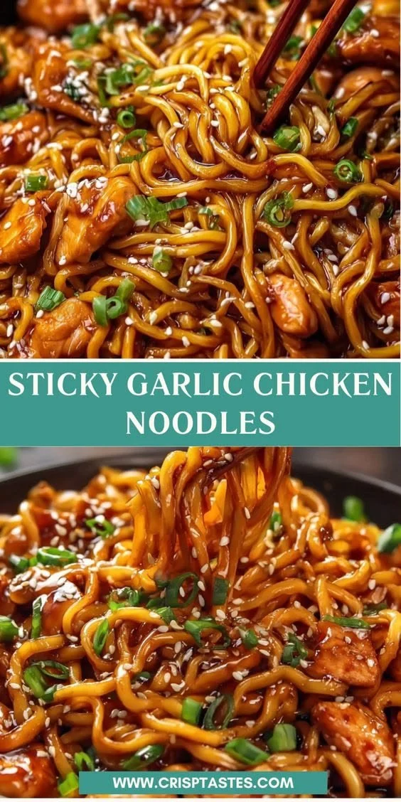Delicious sticky garlic chicken noodles served with fresh vegetables