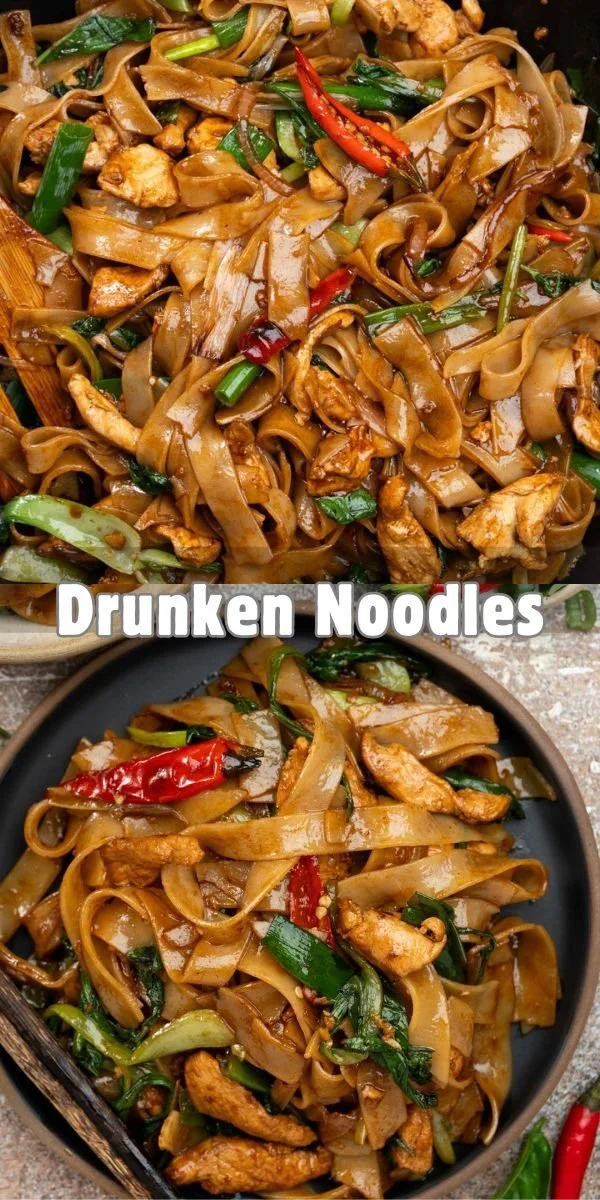 Street style Thai Drunken Noodles served with vibrant vegetables and spices.