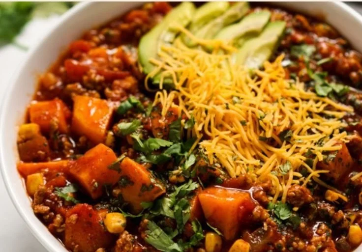Bowl of Sweet Potato Turkey Chili with fresh herbs on top