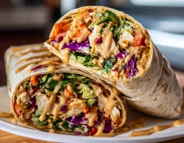 Thai Peanut Chicken Wraps garnished with fresh vegetables and peanut sauce