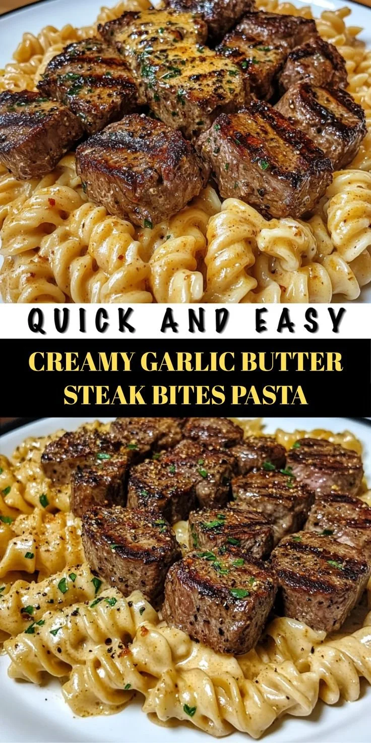 Creamy garlic butter steak bites served on pasta with herbs and veggies