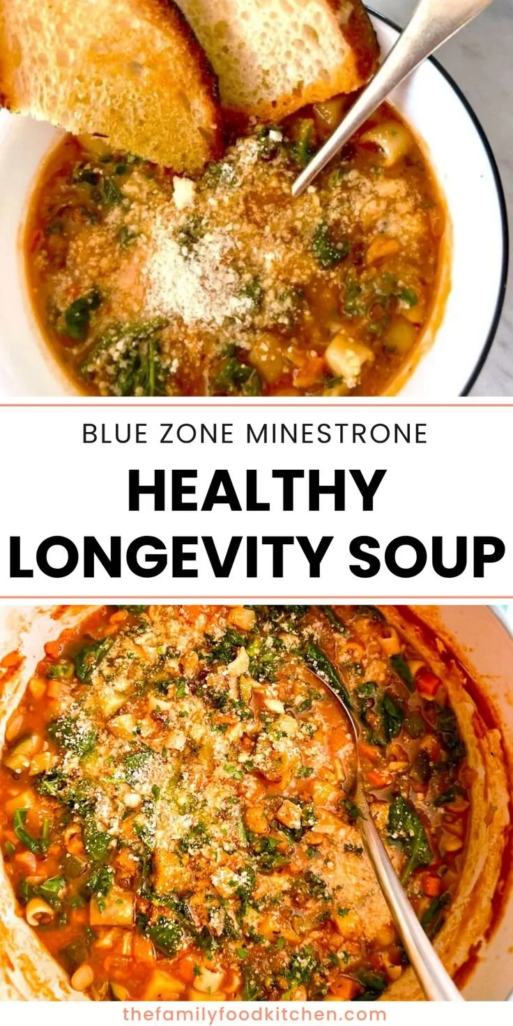 Bowl of healthy longevity soup featuring colorful vegetables and beans.