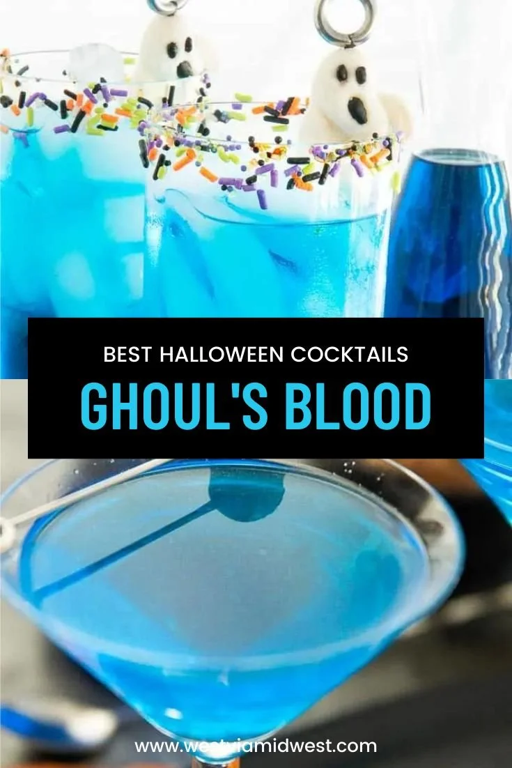 Ghoul's Blood Cocktail served in a spooky glass with garnishes.