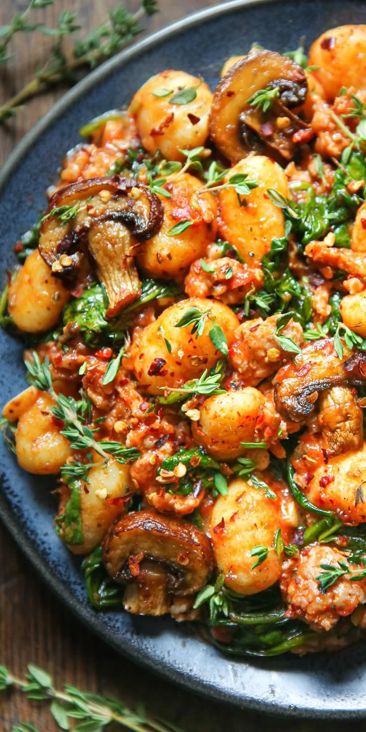 Tomato Gnocchi with Sausage, Spinach, and Mushrooms served in a bowl