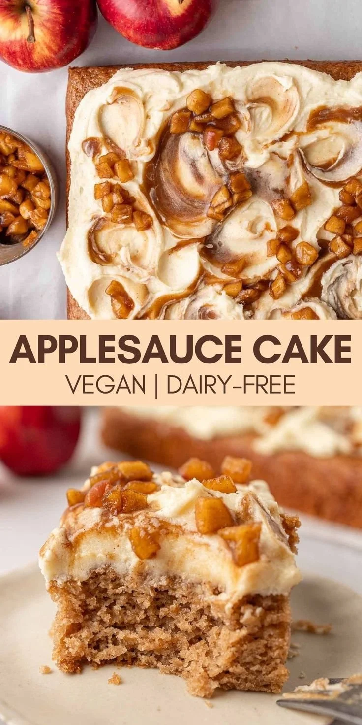 Delicious Vegan Applesauce Cake topped with fresh apples and a sprinkle of cinnamon