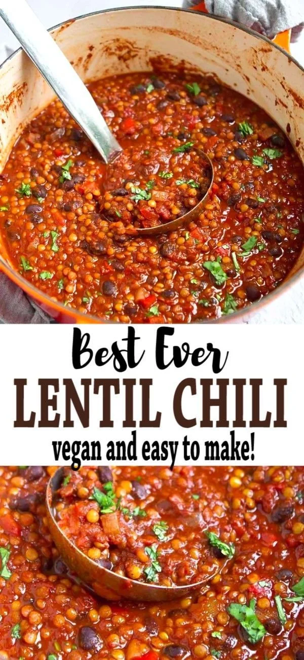 Delicious bowl of Vegan Lentil Chili topped with fresh herbs