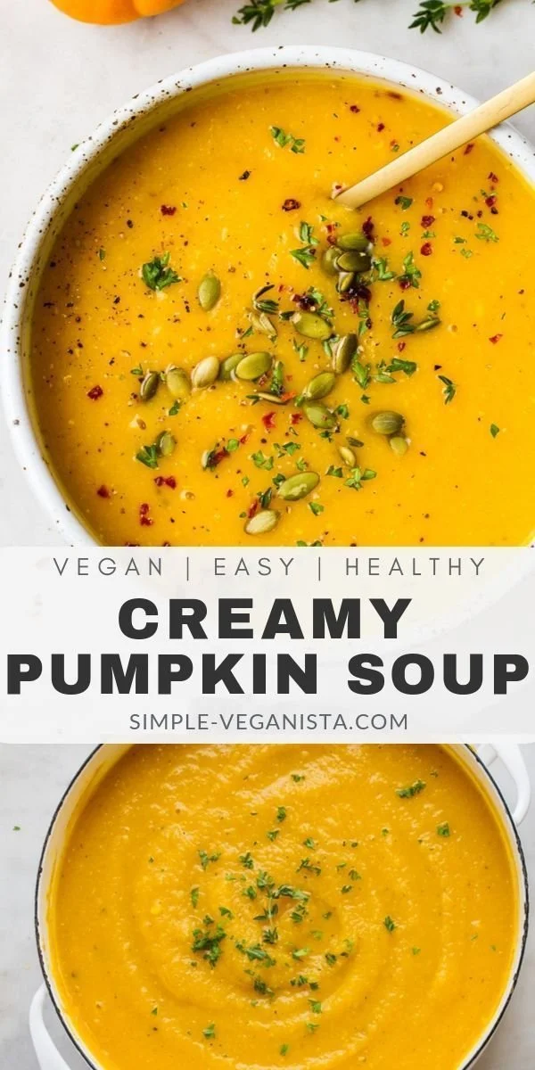 Bowl of Vegan Pumpkin Soup with red lentils garnished with herbs