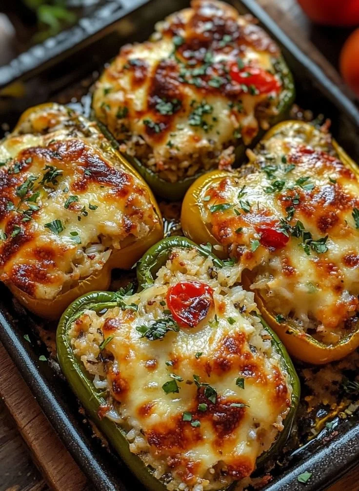 Plate of vibrant vegetarian stuffed bell peppers filled with rice and vegetables