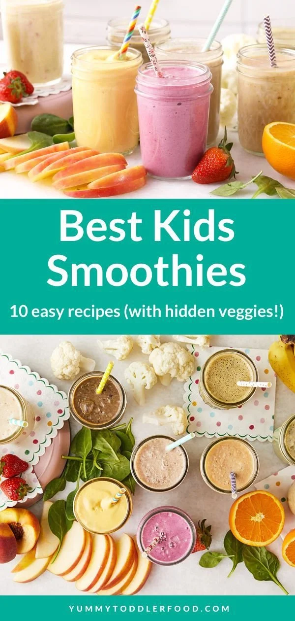 Colorful toddler smoothies with hidden veggies in fun cups