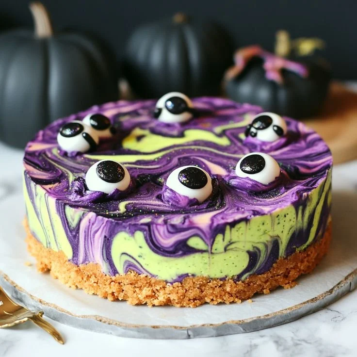Colorful Halloween cheesecake decorated with spooky themes for 2025.