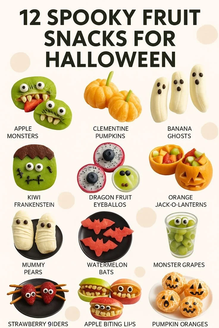 Assorted spooky fruit snacks for a healthy Halloween treat.