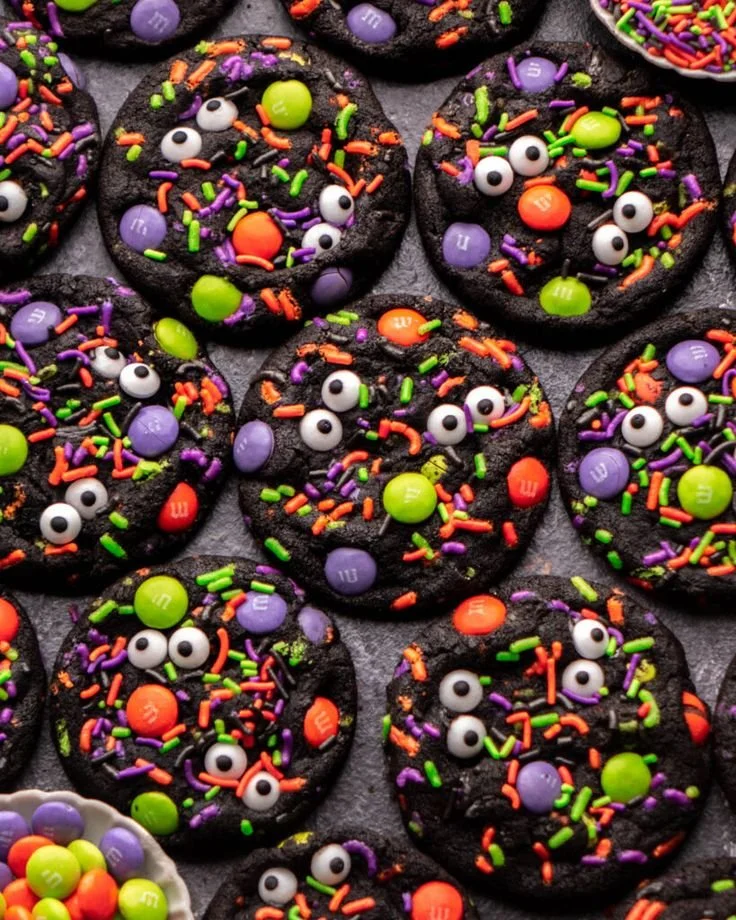 Variety of spooky Halloween desserts including cakes, cookies, and candies