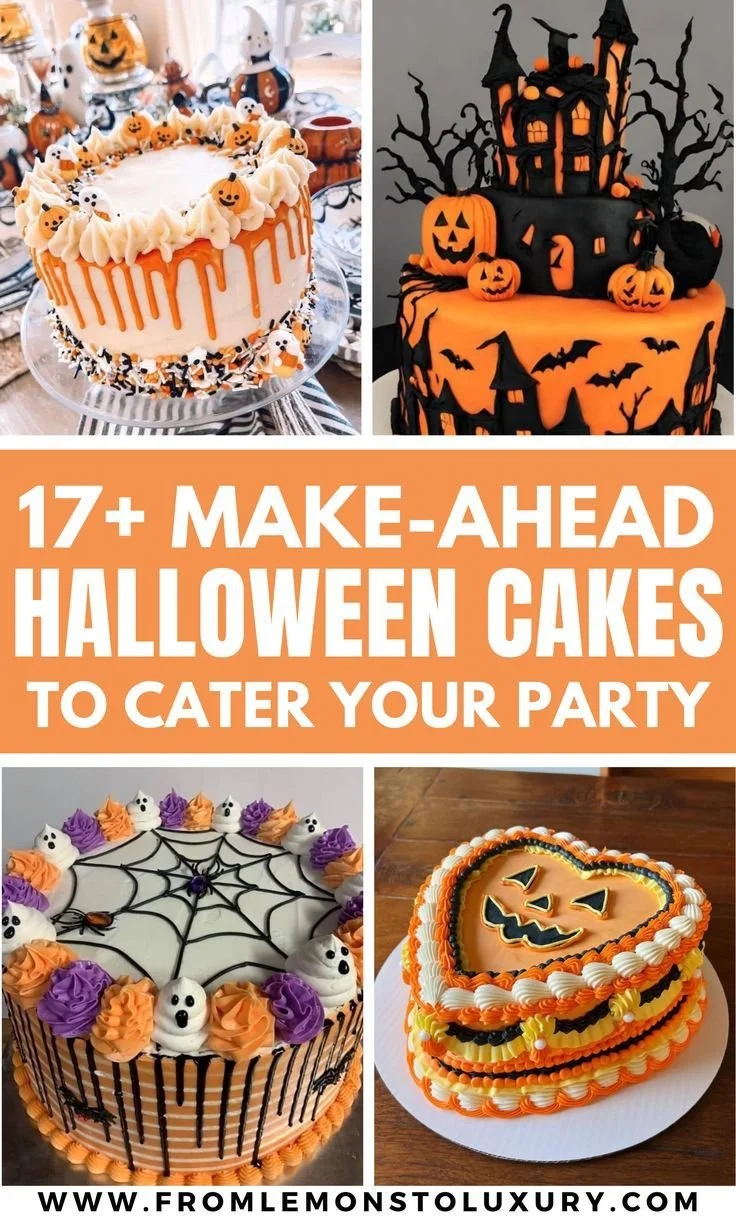 Assorted make-ahead Halloween cakes for a festive party celebration.