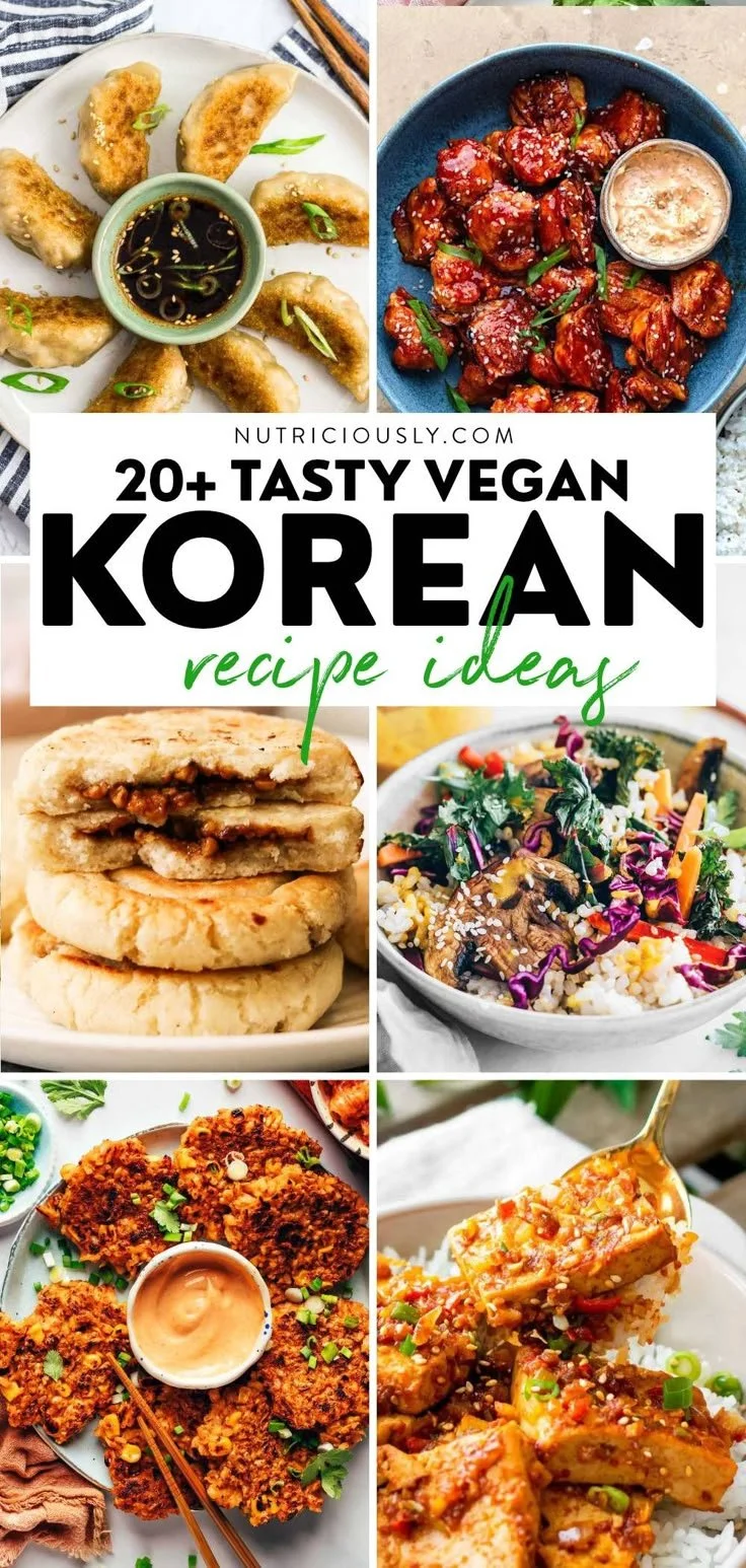 Plate of delicious vegan Korean recipes including bibimbap and kimchi