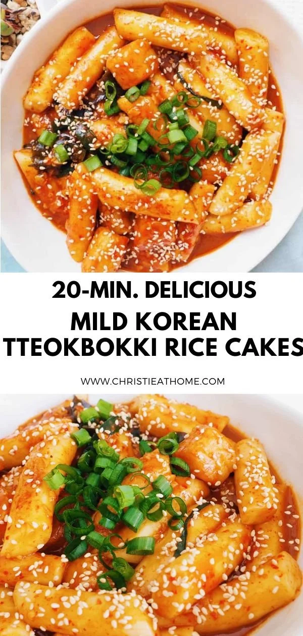 Delicious mild Korean Tteokbokki rice cakes cooking on the stovetop.