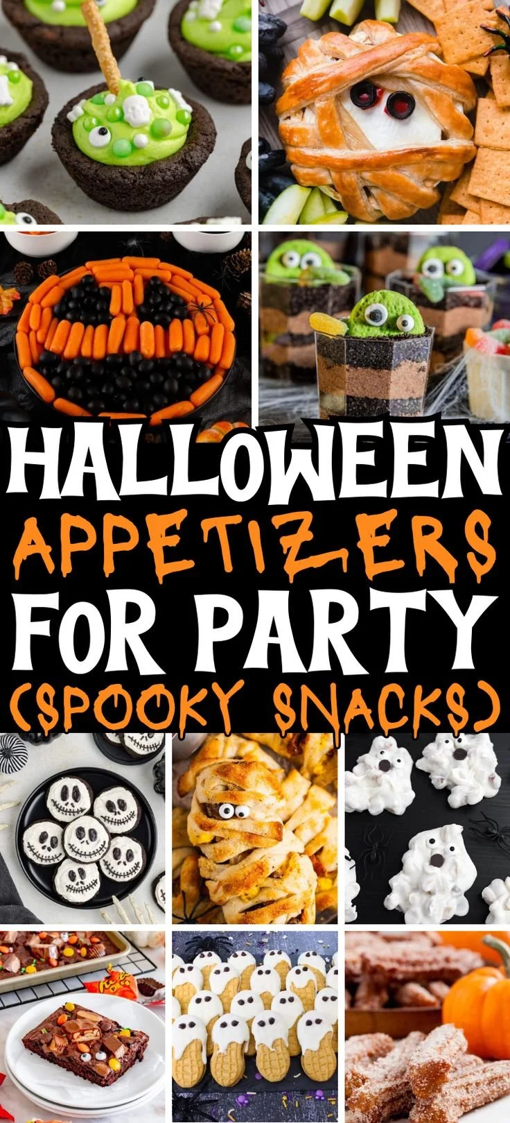 Variety of Halloween appetizers on a table for a spooky party.
