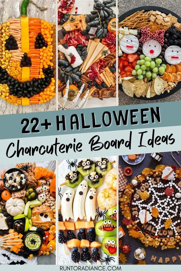 Spooky cute Halloween charcuterie board filled with festive treats and decorations