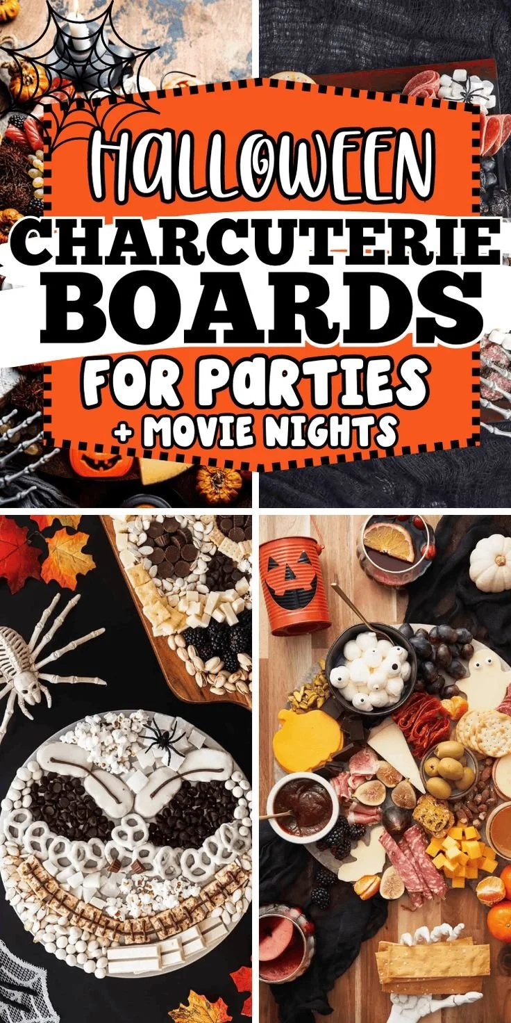 Halloween charcuterie board featuring spooky snacks and decorations for festive gatherings.