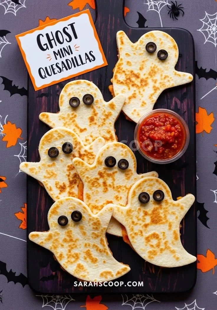 A variety of spooky Halloween appetizers displayed on a festive table