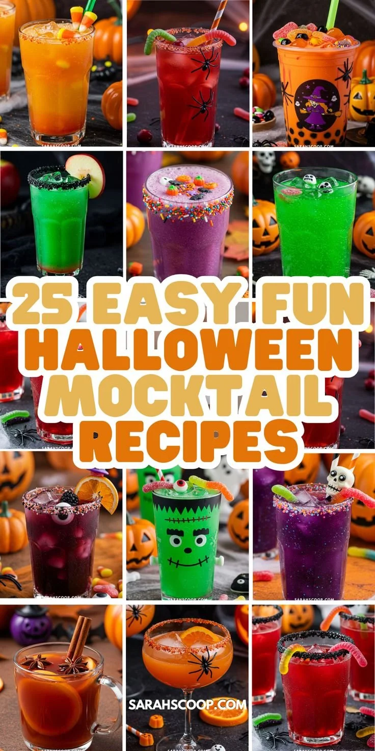 A collection of colorful Halloween themed mocktails served in spooky glasses