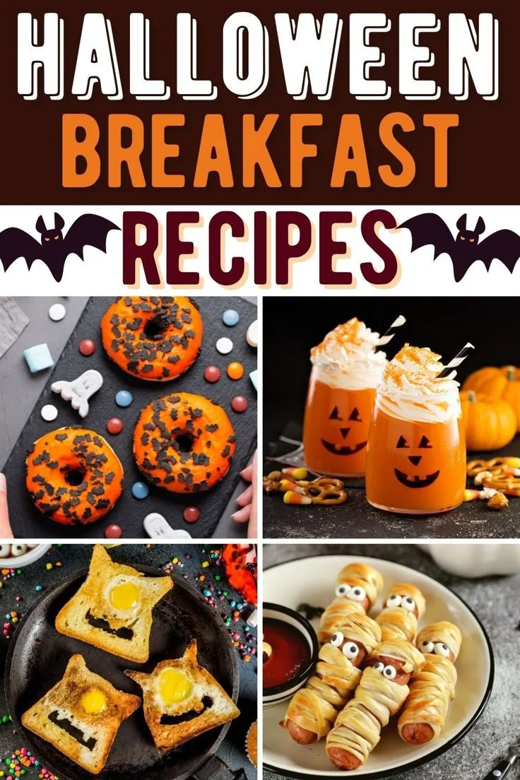 Spooky Halloween breakfast ideas including ghost pancakes and pumpkin muffins
