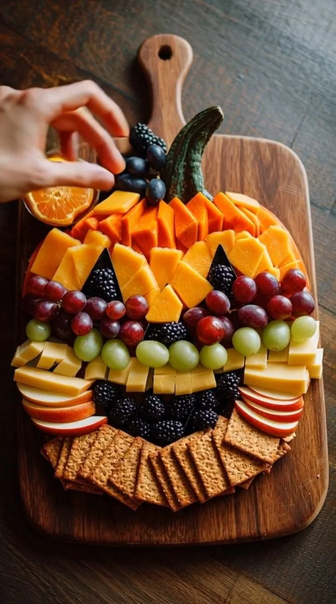 Pumpkin-shaped snack board perfect for Halloween celebrations.