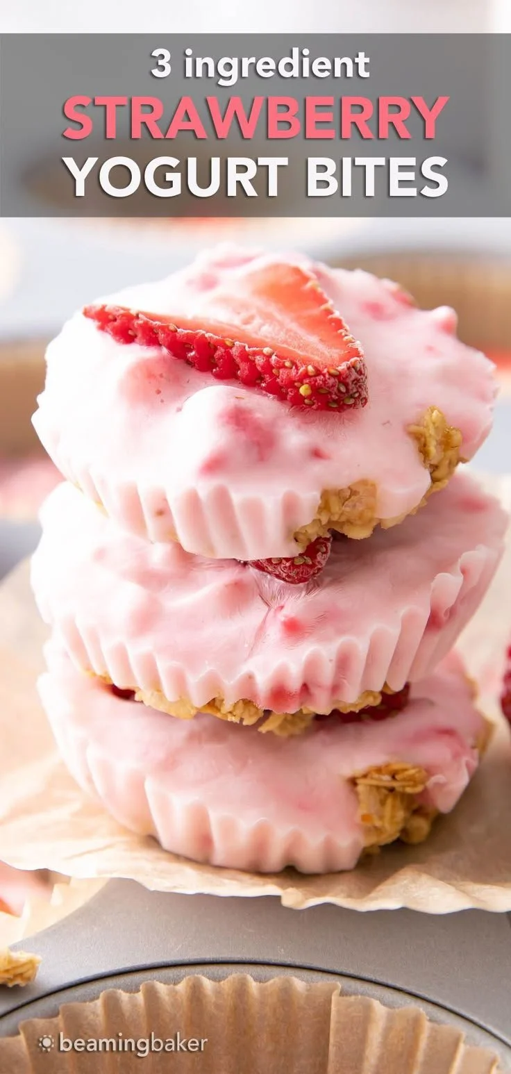 Homemade 3 ingredient strawberry yogurt bites on a plate.
