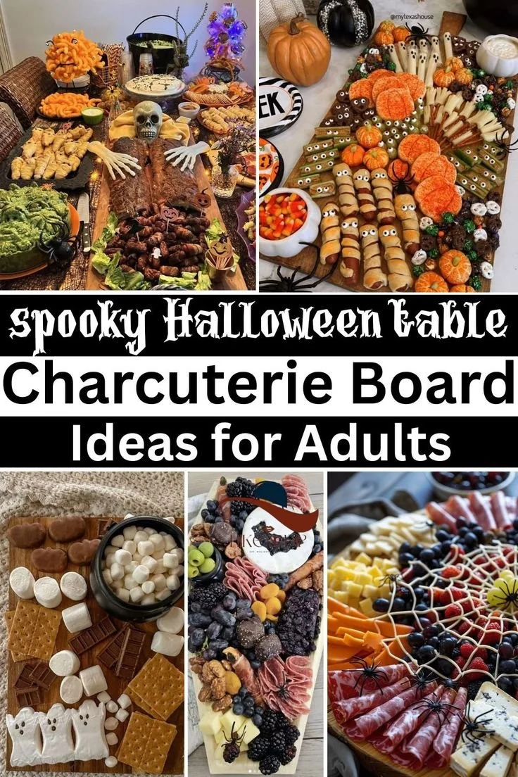 A visually appealing Halloween charcuterie board with spooky theme decor.