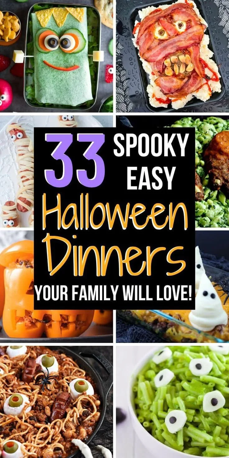 Spooky Halloween dinner ideas with cute Halloween-themed food for family meals.