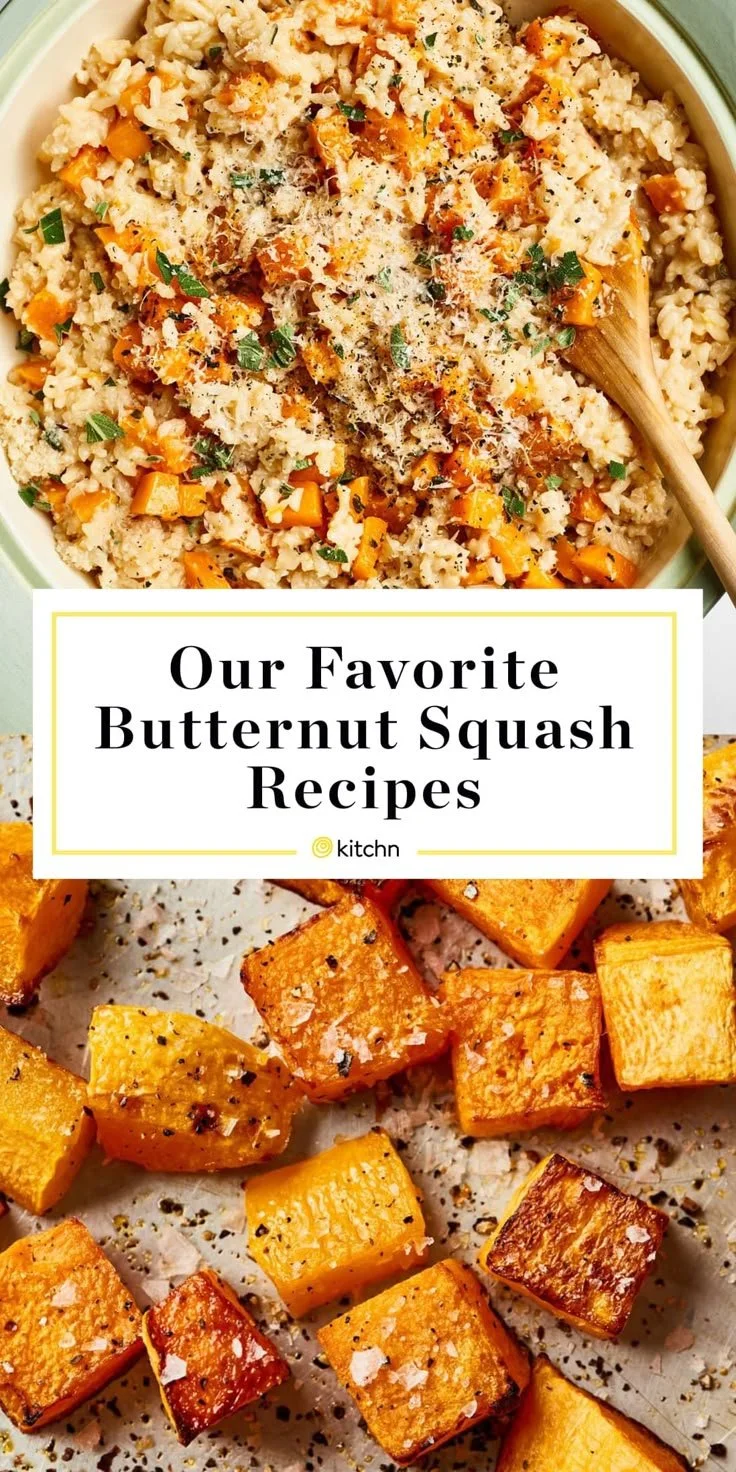 A variety of butternut squash dishes including soup, risotto, and salads
