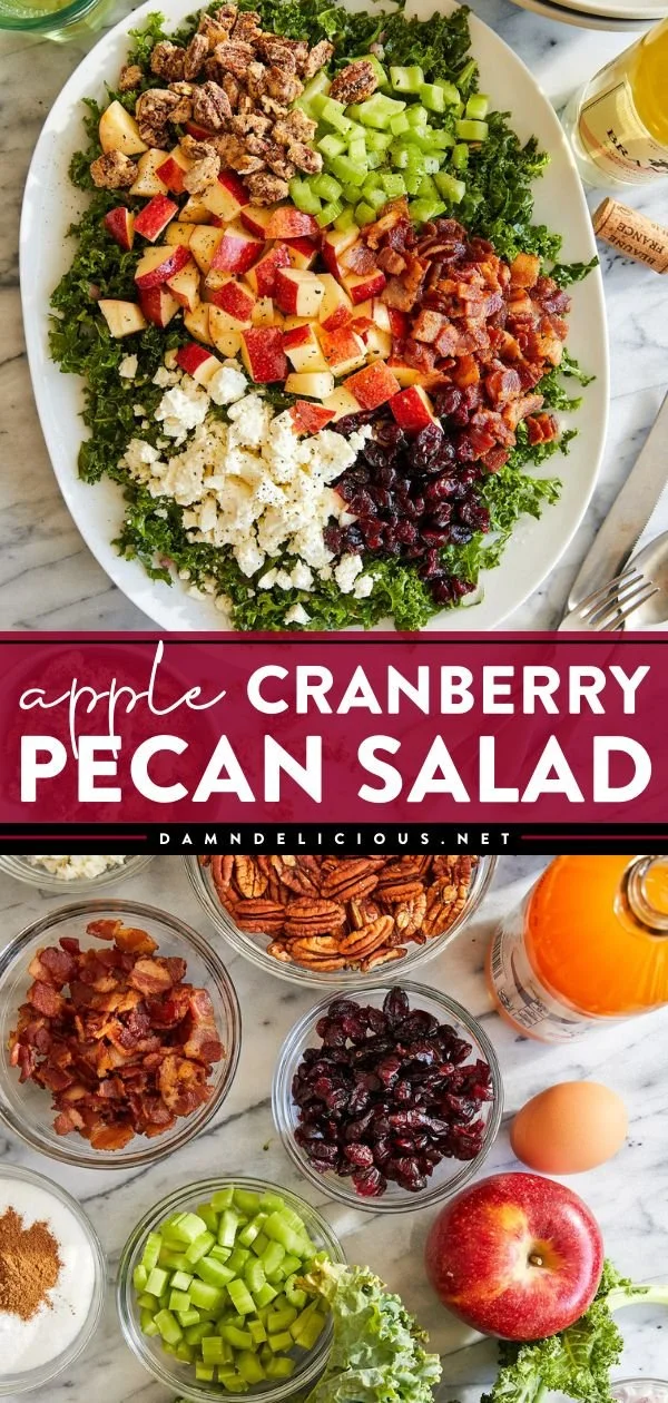 Fresh apple cranberry pecan salad with greens and dressing