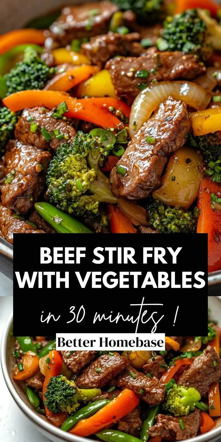 Beef stir fry with colorful vegetables served in a bowl.
