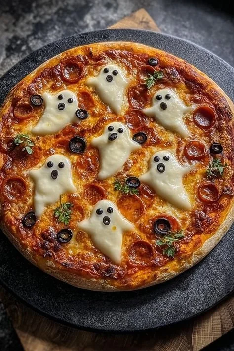 Halloween Ghost Pizza topped with spooky ghost shapes for a festive party.