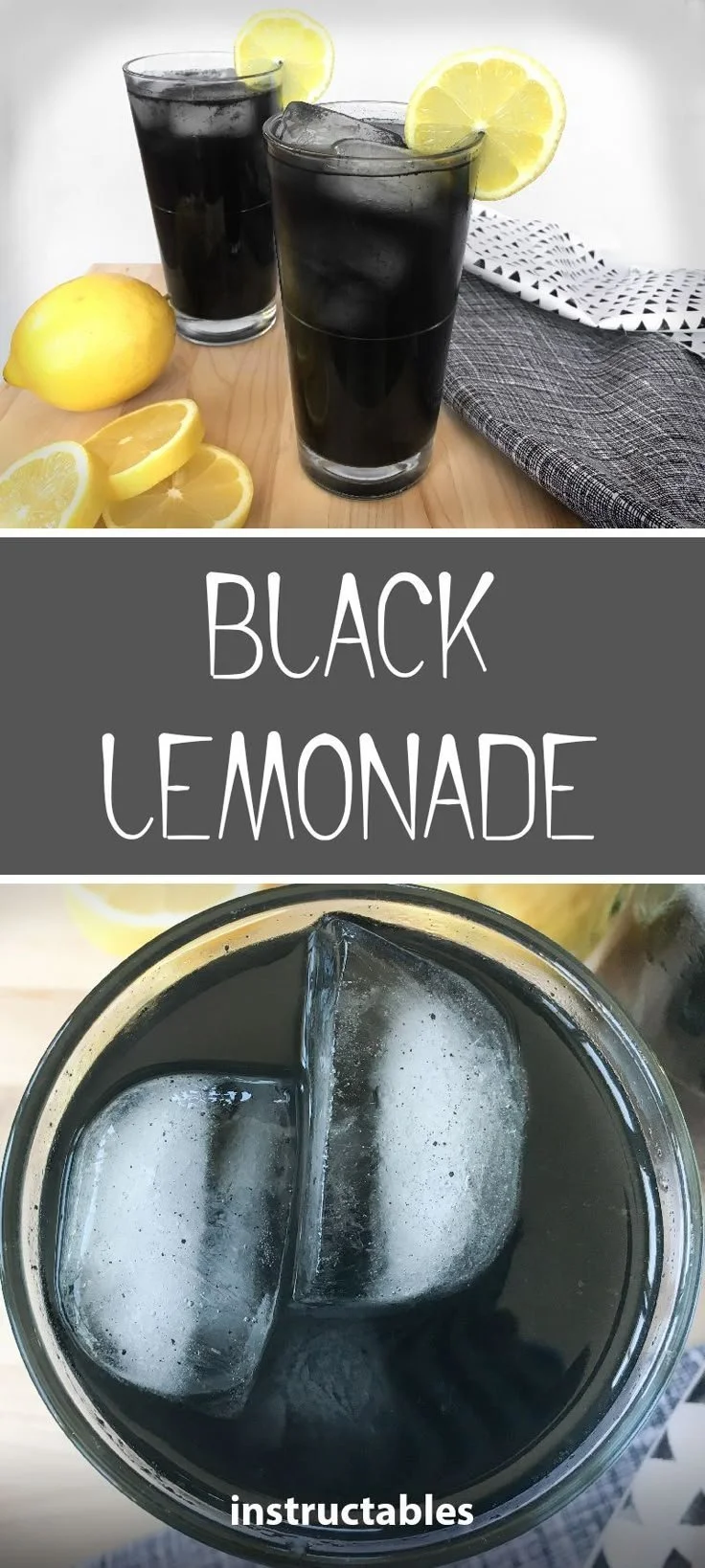 A glass of black lemonade with ice and lemon slices, offering a unique beverage experience.