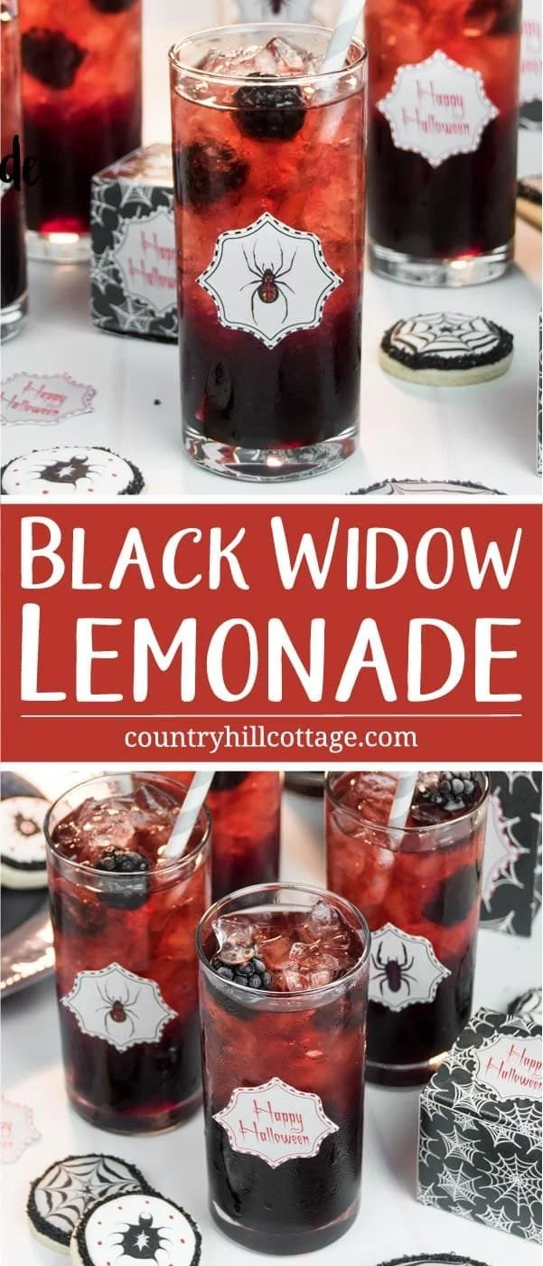 Black Widow Lemonade - A spooky Halloween drink served in a dark glass with ice.