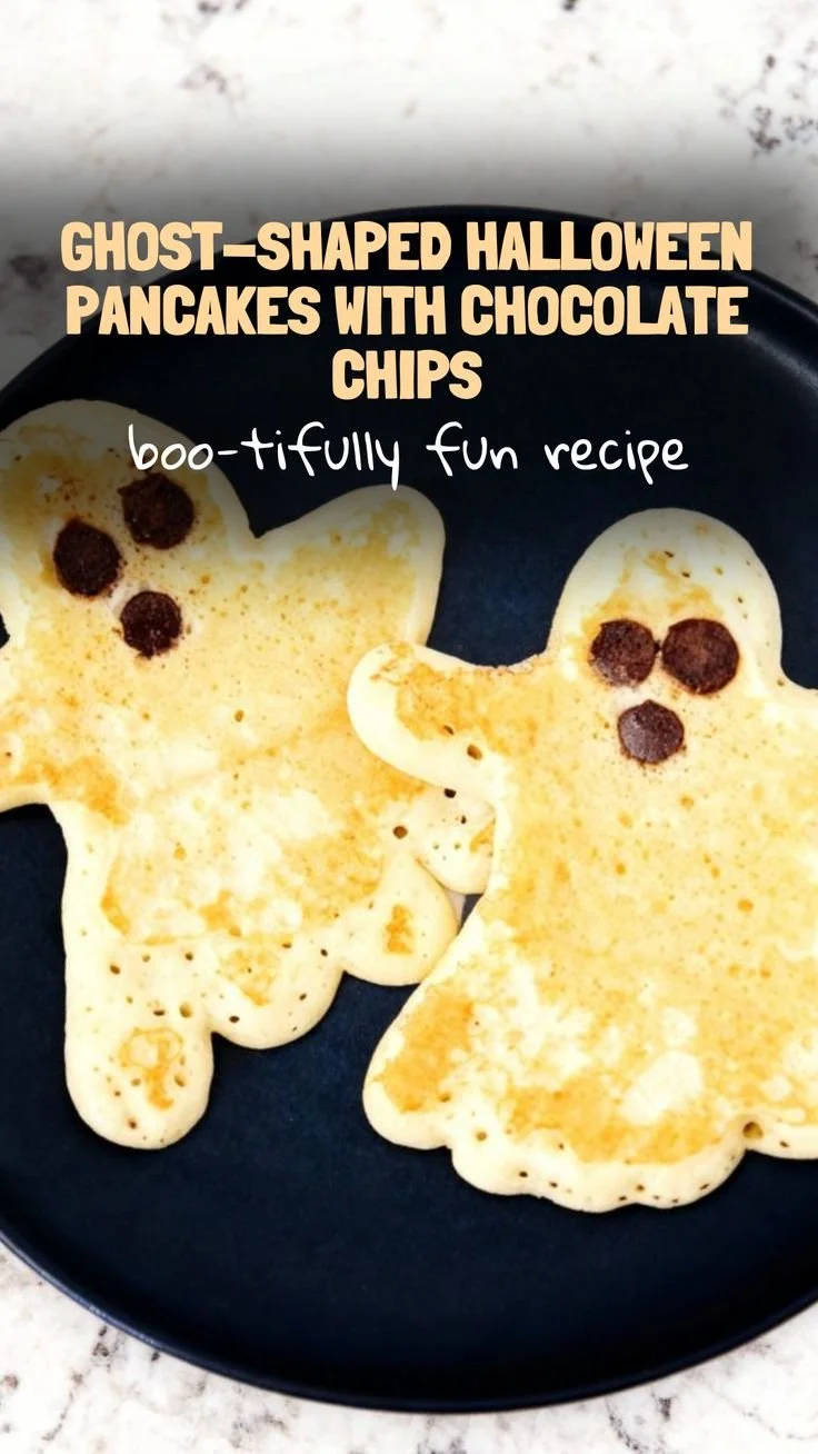Delicious ghost-shaped pancakes with chocolate chips for Halloween breakfast