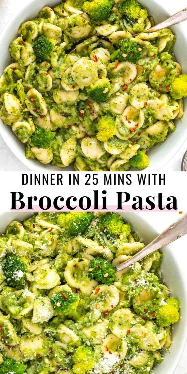 A bowl of Broccoli Pasta garnished with fresh herbs and spices.