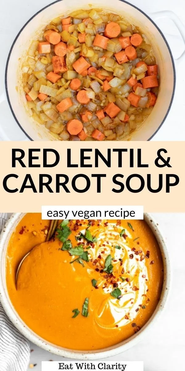 A bowl of Carrot and Red Lentil Soup garnished with herbs and spices.