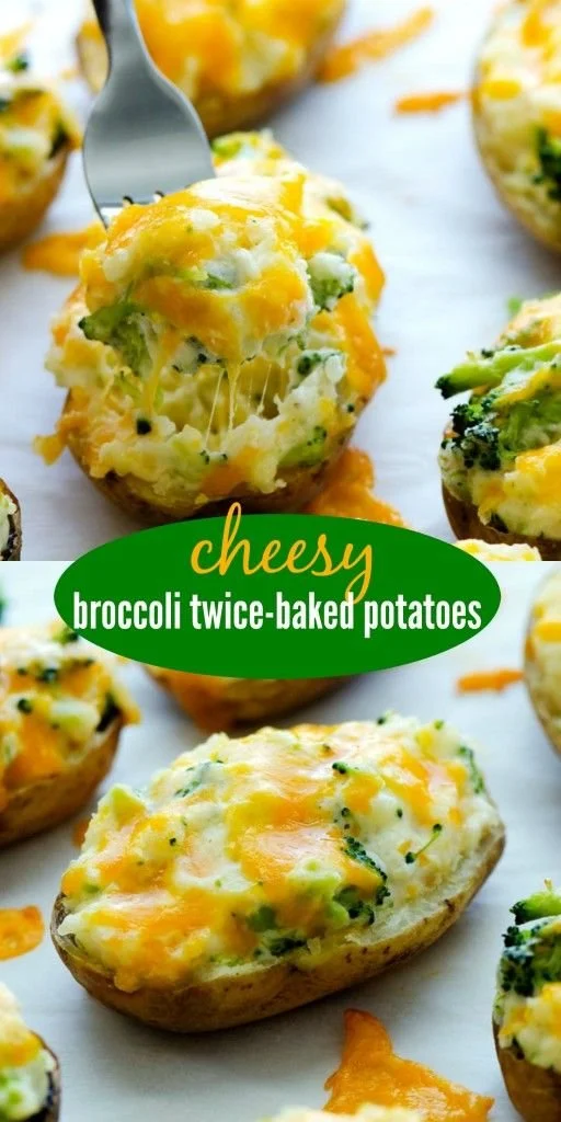 Cheesy broccoli twice-baked potatoes topped with melted cheese and herbs