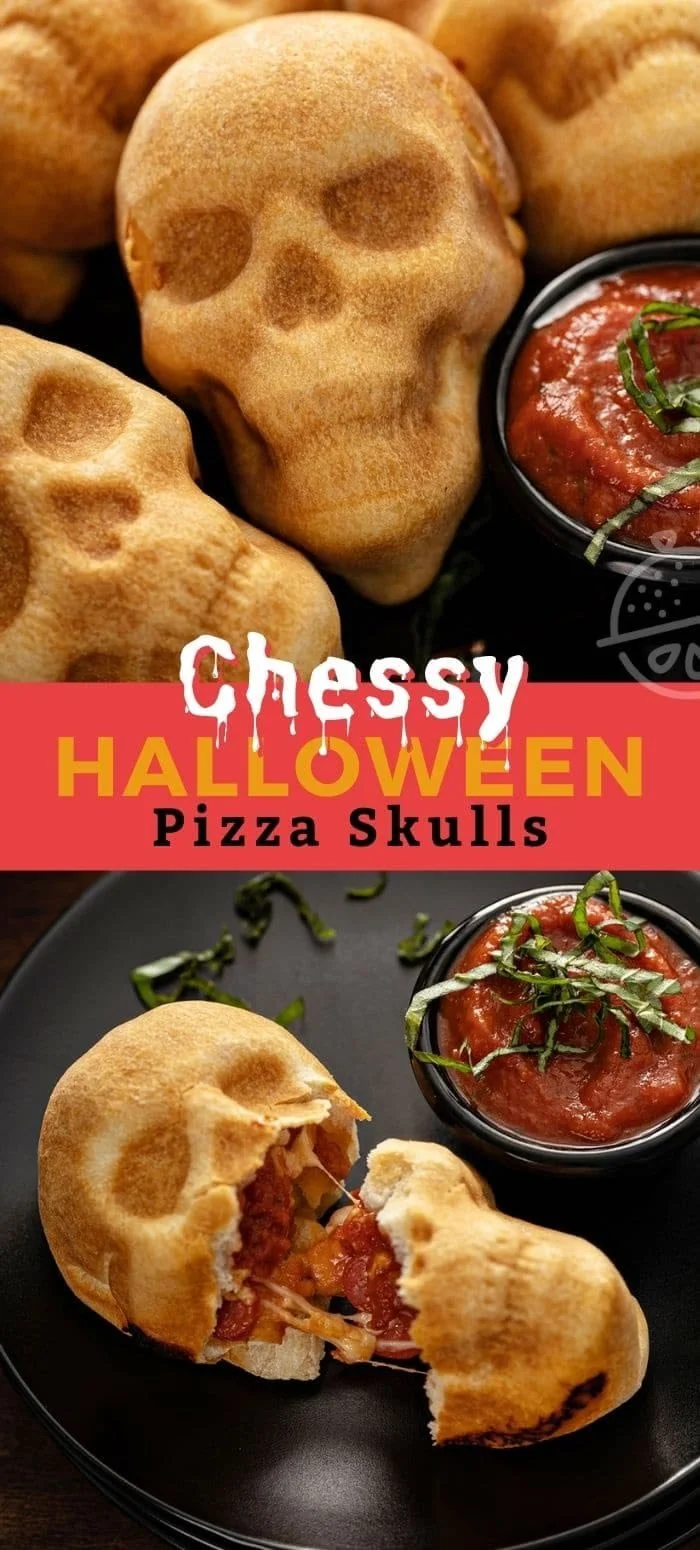 Cheesy pizza skulls, a fun and festive snack for Halloween gatherings.