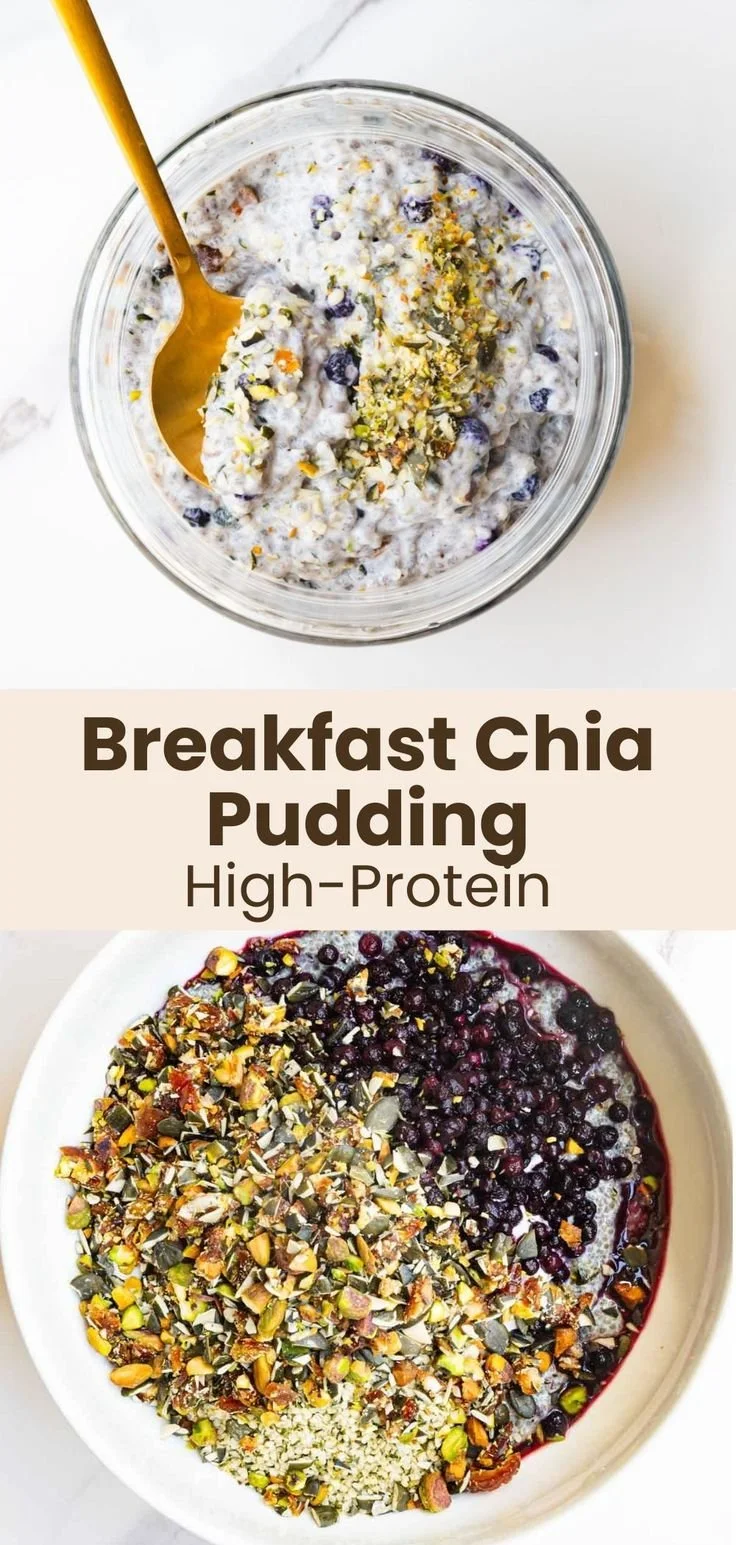 High-protein chia breakfast pudding topped with fruits and nuts