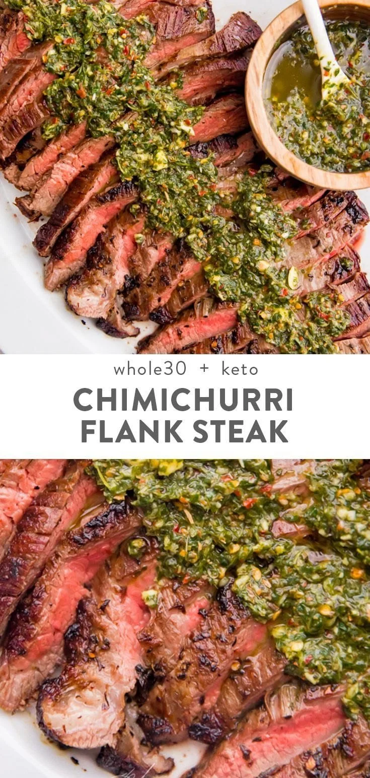 Grilled Chimichurri Flank Steak garnished with fresh herbs.