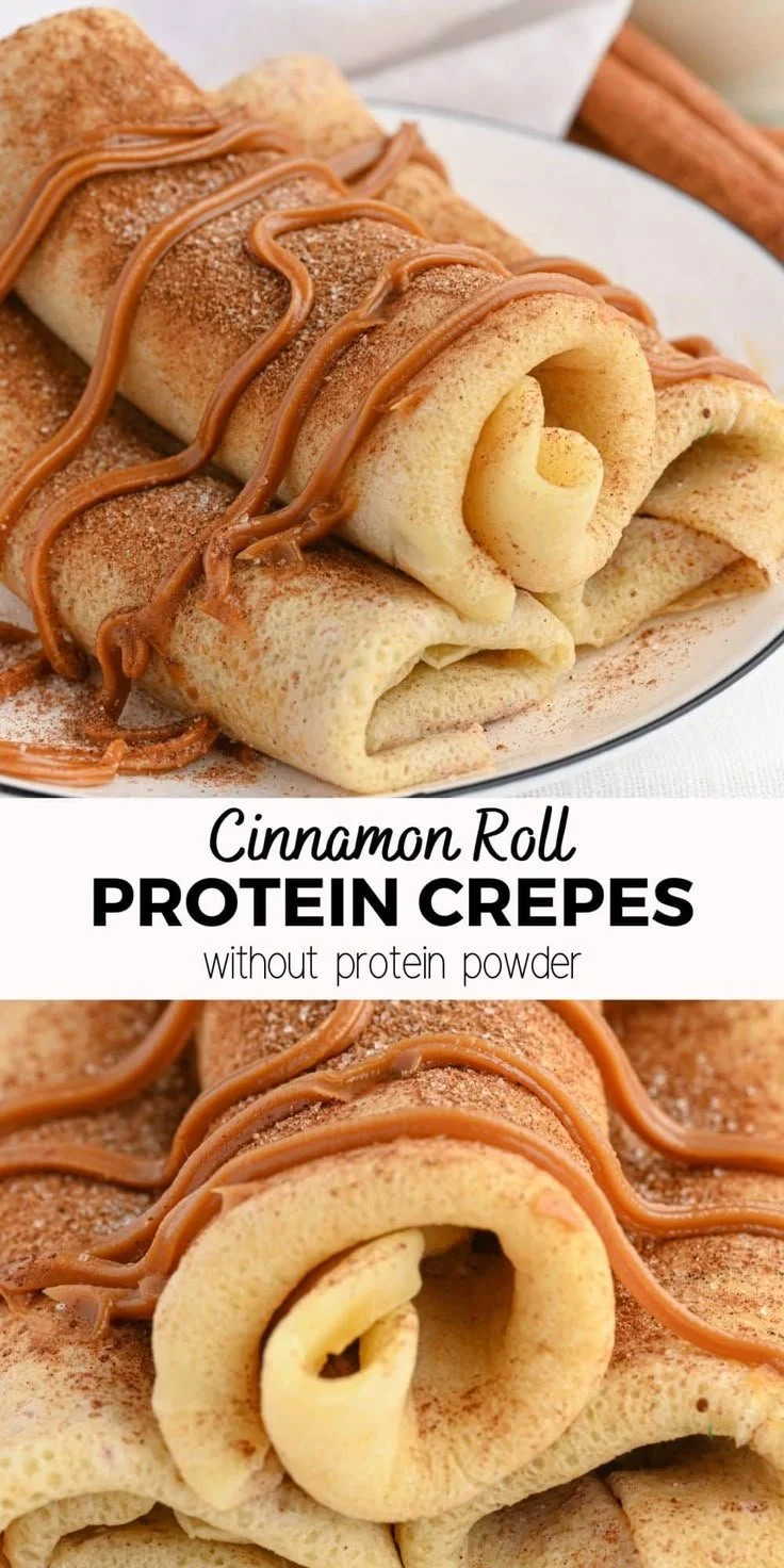 Cinnamon Roll Protein Crepes topped with icing and cinnamon, a healthy breakfast delight.
